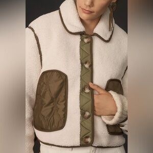 Anthropologie BLANKNYC Cloud Forest Sherpa Cream Olive Green Boxy Jacket Medium